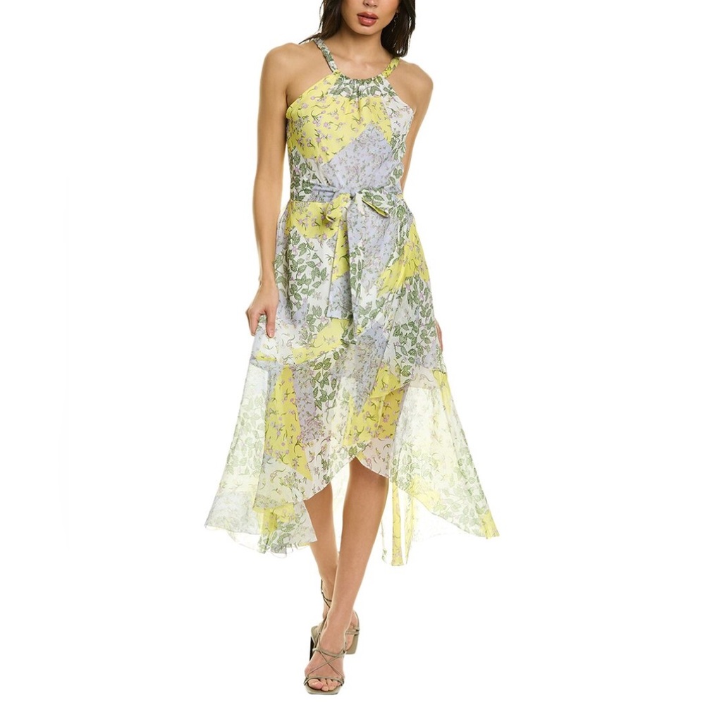 Elie Tahari Halter Patchwork Silk Midi Dress